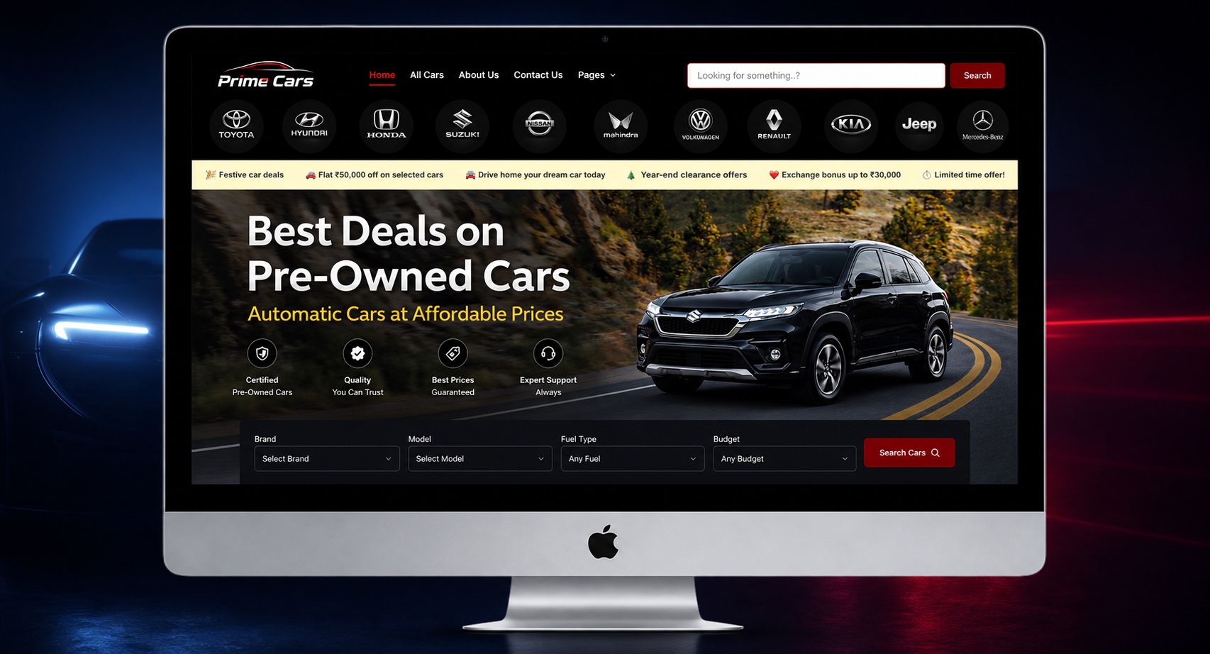 A used car dealership website built on PrimeLogue Cars, shown on a desktop computer