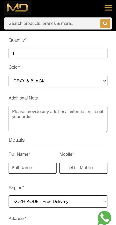 MD Marketing online order form on a phone