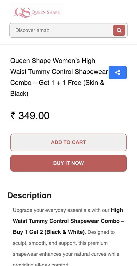 Queen Shape price with Add to cart and Buy it now buttons on a phone
