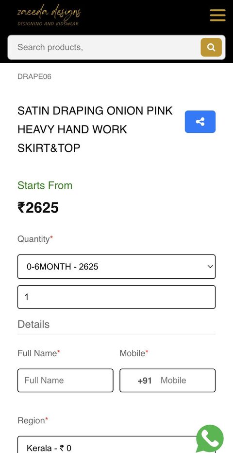 Zaeeda Designs size-wise price and order form on a phone
