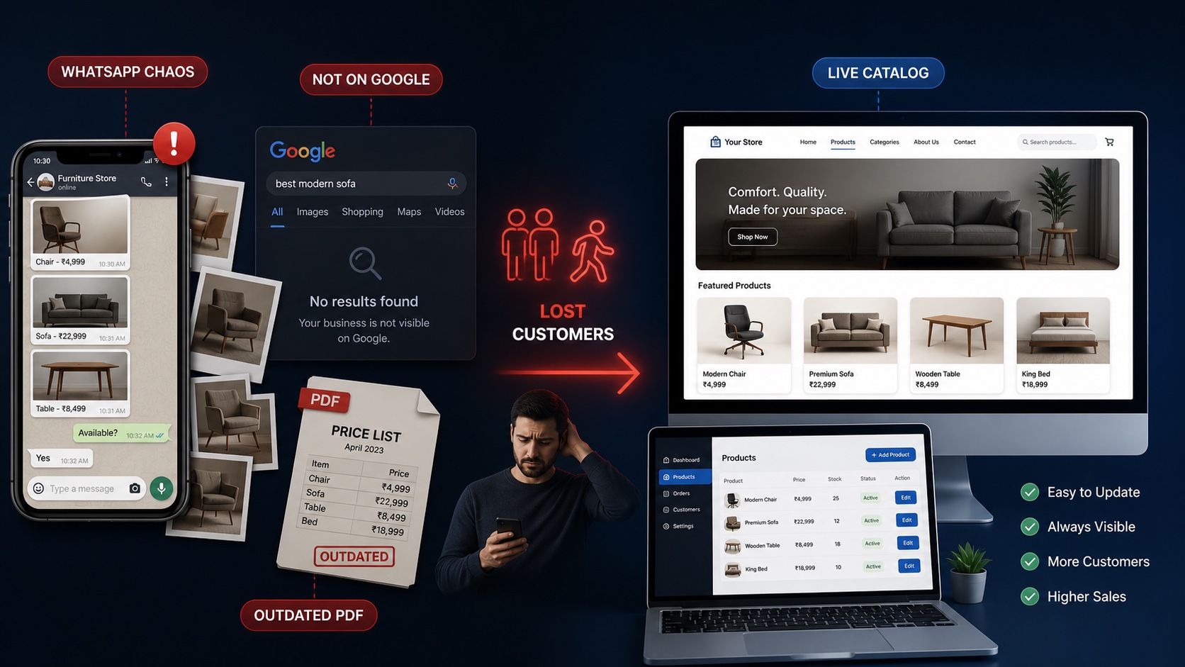 Product photos lost in WhatsApp chats and an outdated PDF price list, next to a clean catalogue website customers can browse