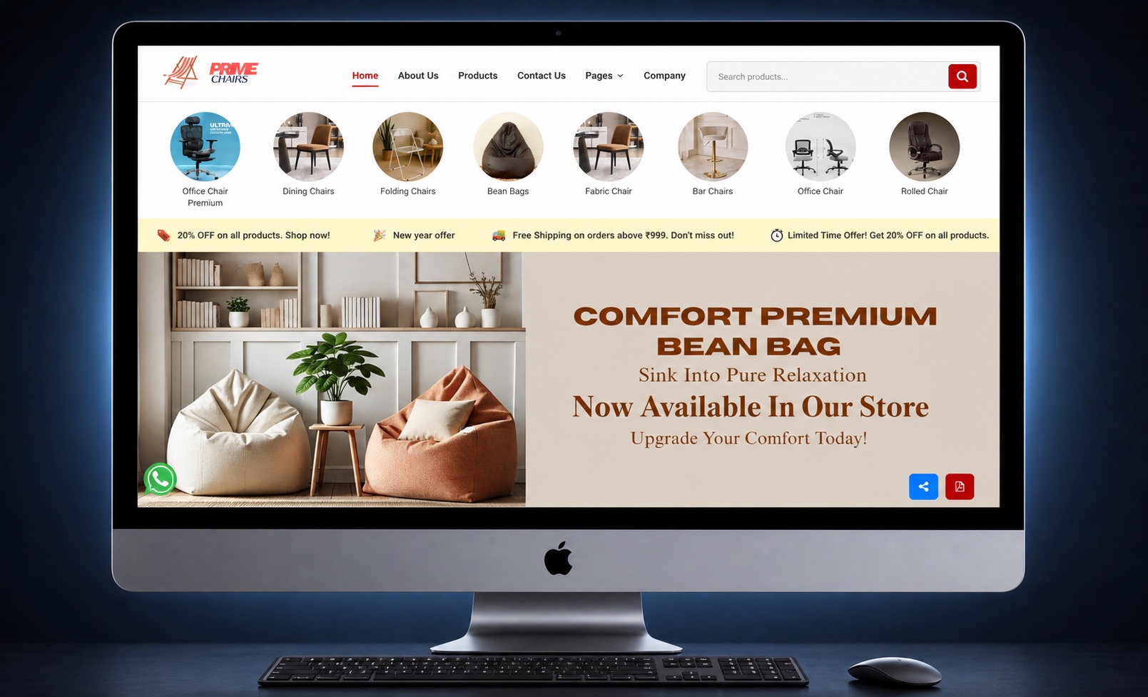 Product catalogue website built with PrimeLogue shown on a desktop monitor
