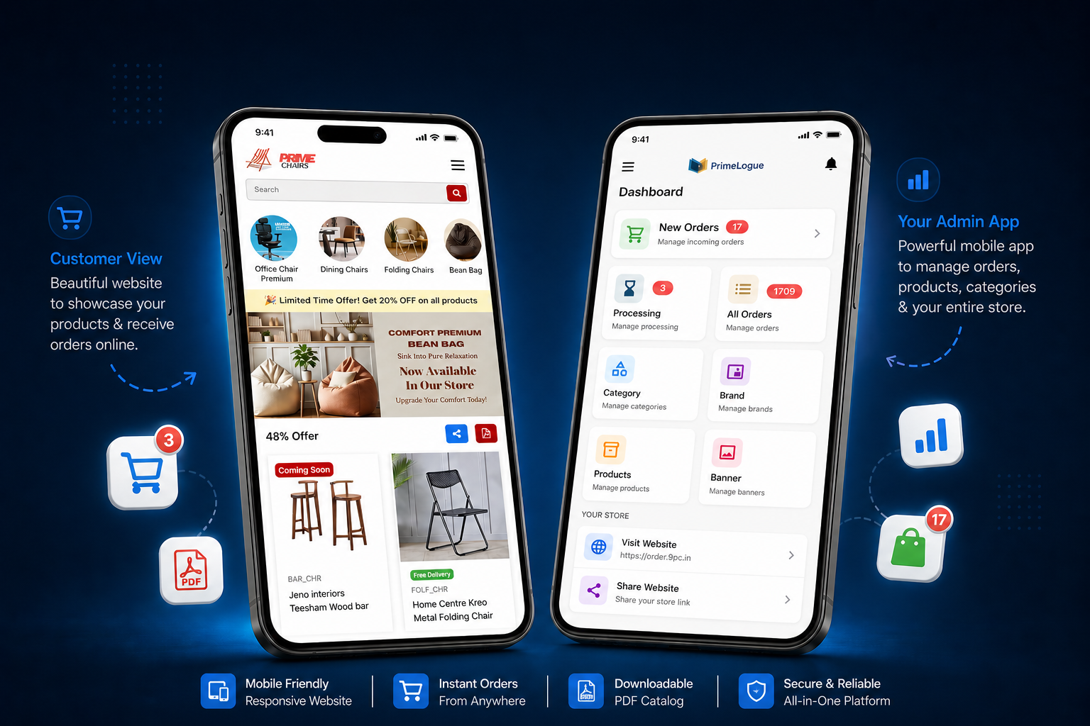 A PrimeLogue catalogue website on a phone beside the PrimeLogue admin app dashboard