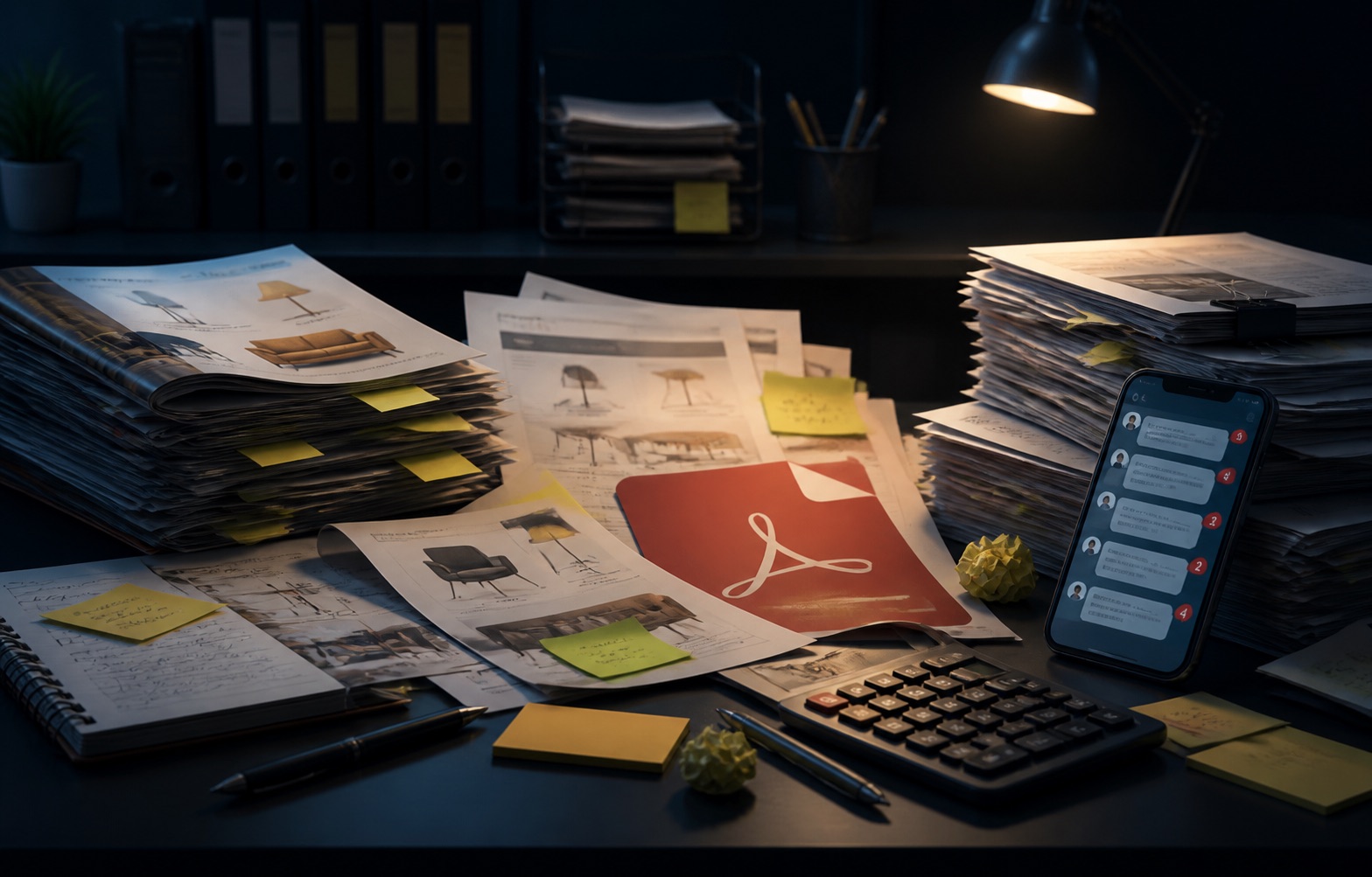 A desk covered in printed catalogues, marked-up price lists, a PDF and a phone full of WhatsApp messages