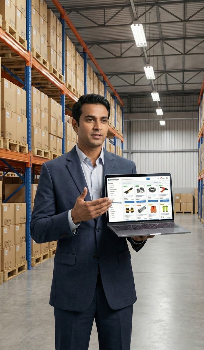Wholesaler in his warehouse showing the company's product catalogue website on a laptop