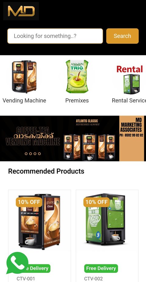 MD Marketing Associates vending machines catalogue website on a phone