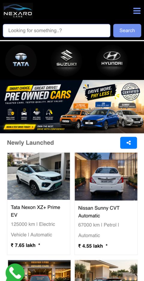 Nexaro Cars website on a phone