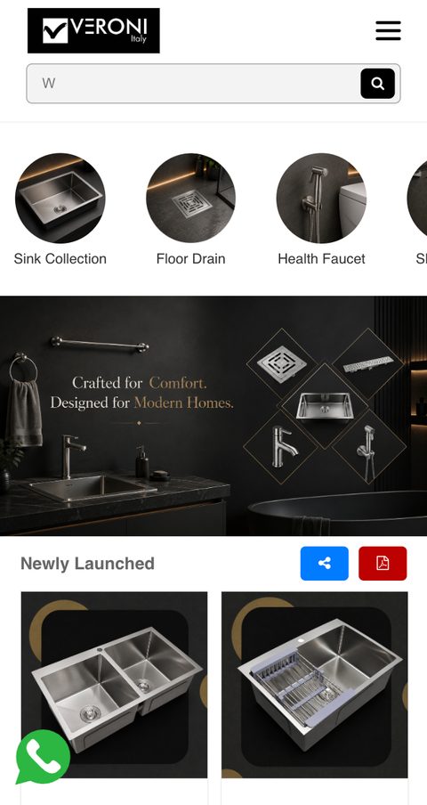 Veroni sinks and bath fittings catalogue website on a phone