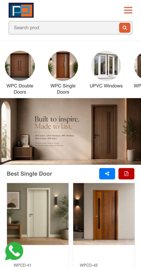 WPC Manufacturers doors and windows catalogue website on a phone